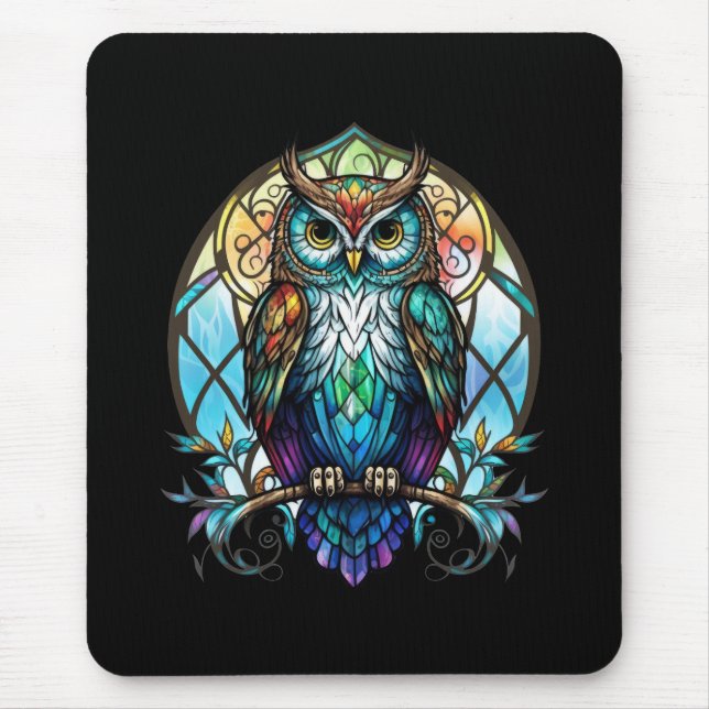 Owl Bird Animal Portrait Stained Glass Wildlife  Mouse Pad (Front)
