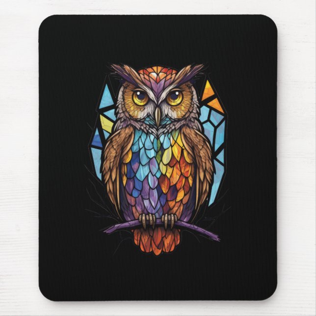 Owl Bird Animal Portrait Stained Glass Wildlife  Mouse Pad (Front)