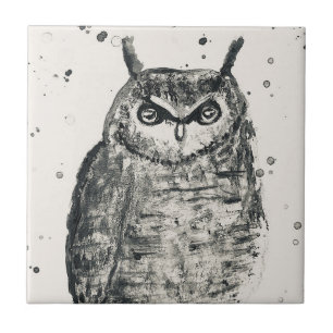 Owl bird vintage woodlands watercolor tile