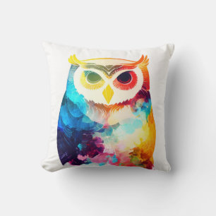 Owl Bird Wild Nature Animal Color Art Painting Throw Pillow