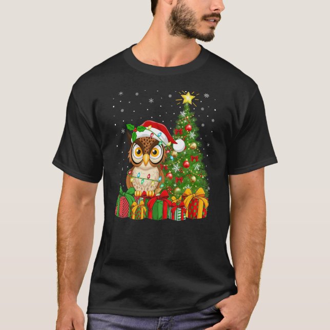 Owl Bird Xmas Tree Lighting Santa Hat Owl Christma T-Shirt (Front)