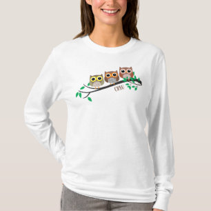 Owl Birds On Tree Cute Animals Optional Initials  T-Shirt