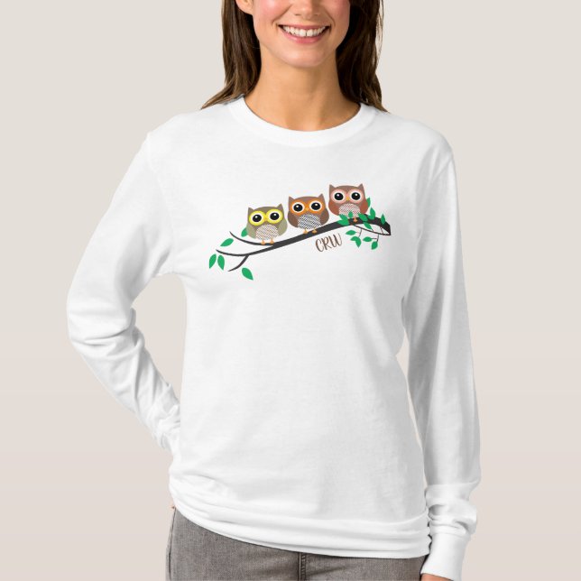 Owl Birds On Tree Cute Animals Optional Initials  T-Shirt (Front)