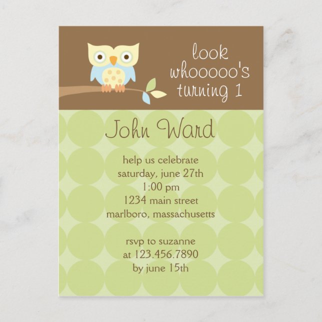 Owl Birthday Party Invitation Postcard (Front)