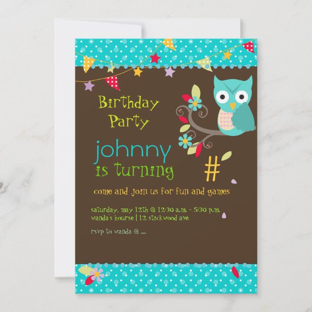 Owl, birthday party invitations (Front)