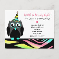 Owl Birthday Party Invite Neon Zebra Print