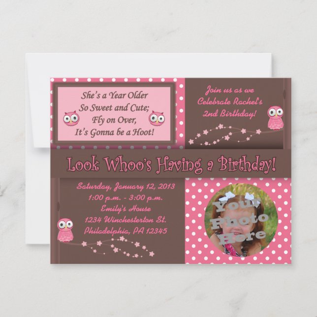Owl Birthday Photo Invitations (Front)