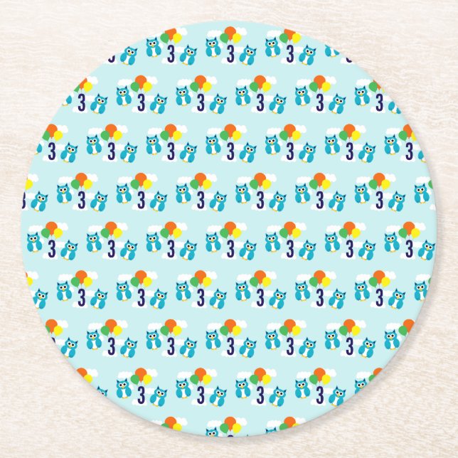 Owl Birthday Round Paper Coaster (Front)