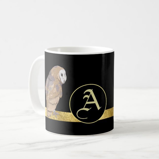 Owl black background gold bar monogram  coffee mug (Front Left)