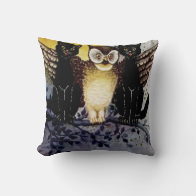Owl Black Cat Full Moon Tree Night Throw Pillow (Front)