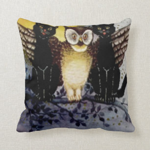 Owl Black Cat Full Moon Tree Night Throw Pillow