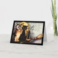 Owl Black Cat Full Moon Witch's Hat Broom