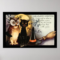 Owl Black Cat Full Moon Witch's Hat
