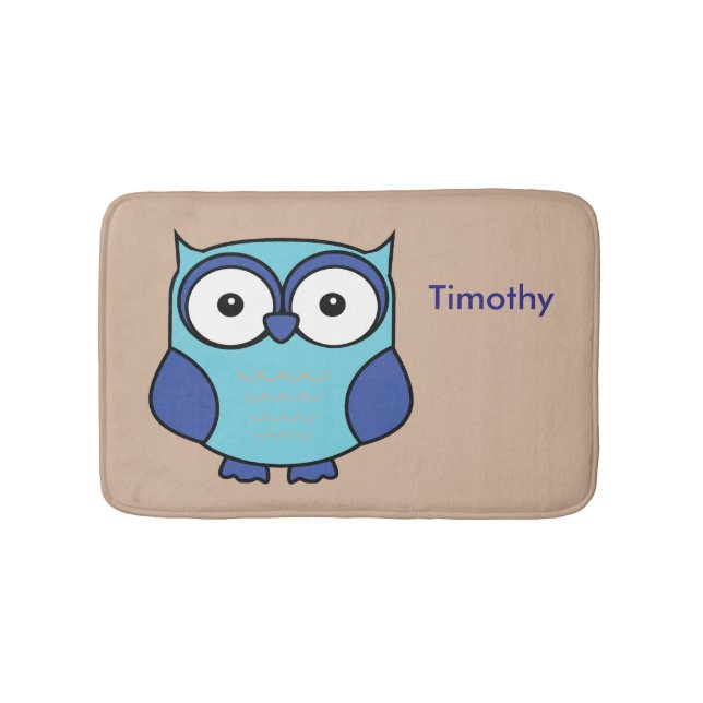 Owl Blue and Aqua Personalized Bath Mat (Front)