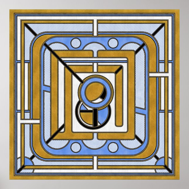 Owl - Blue and Gold Art Deco Abstract Poster (Front)