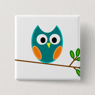 Owl: Blue and Orange 2 Inch Square Button