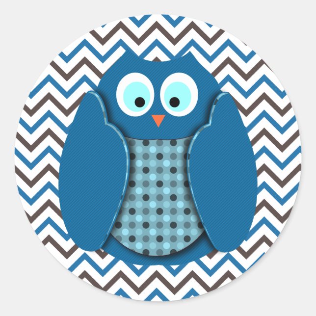 Owl - Blue with Polka Dots Classic Round Sticker (Front)