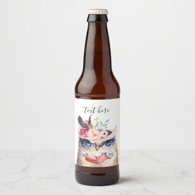 OWL , bohemian, boho floral Beer Bottle Label (Front)
