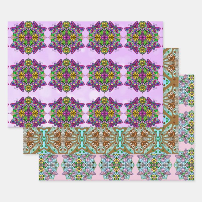 Owl, Butterfly and Dragonflies Birthday Wrapping Paper Sheet (Set)