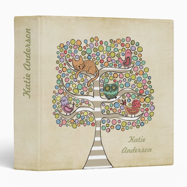 Owl, Cat & Birds in Tree Illustrated Office Binder (Front/Spine)