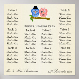 Owl Champagne Wedding Seating Plan Poster