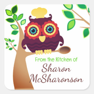 Owl chef wooden spoon cooking baking food label