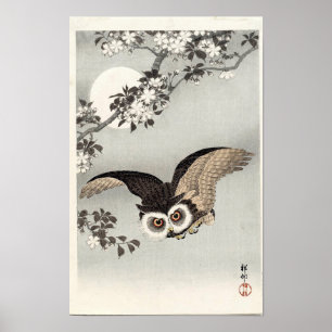Owl, Cherry Blossoms, and Moon by Ohara Koson Poster