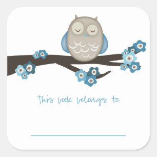 Owl & Cherry Blossoms {Blue} Bookplates Square Sticker