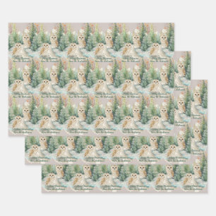 Owl Chrismas Wrapping Paper Flat Sheet Set of 3