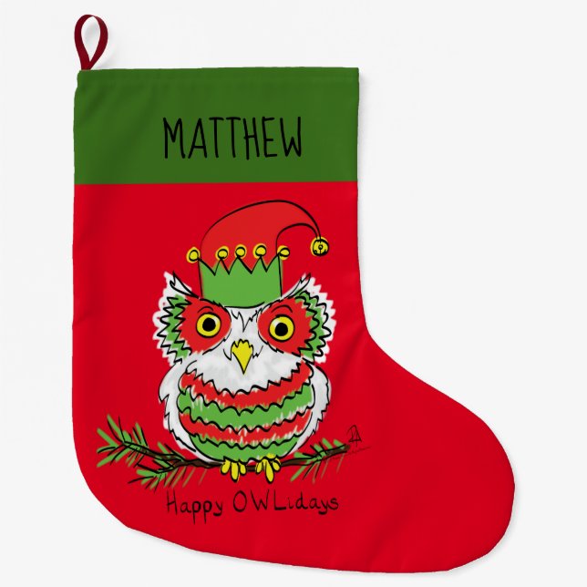 Owl Christmas Cute Funny Holiday Large Christmas Stocking (Front)