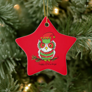 Owl Christmas Funny Cartoon Ceramic Ornament