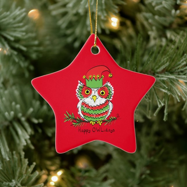 Owl Christmas Funny Cartoon Ceramic Ornament (Tree)