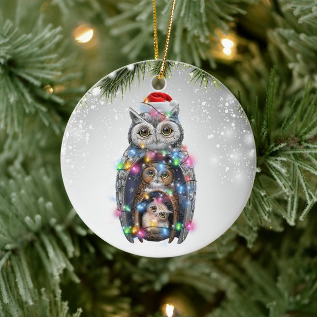 Owl Christmas Santa Hat Kids Mama 2022 Ceramic Ornament (Tree)