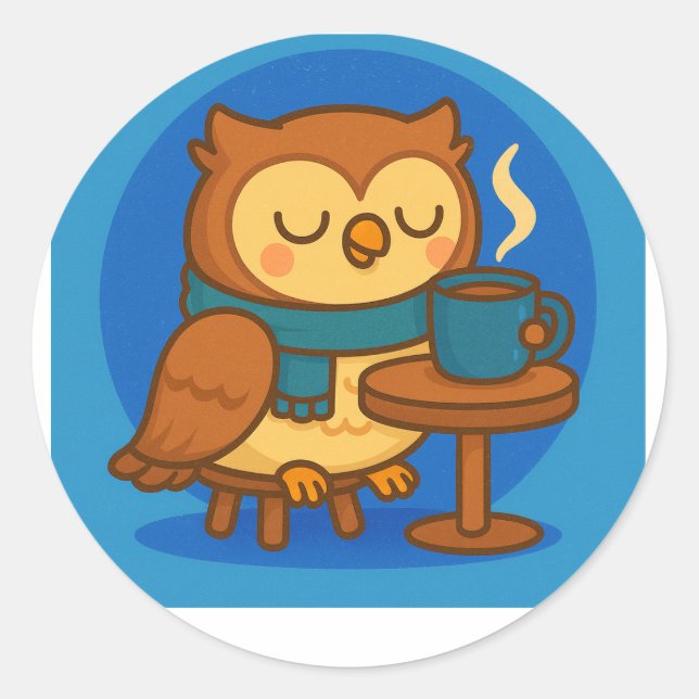 Owl Coffee Break (Blue Background) Sticker (Front)