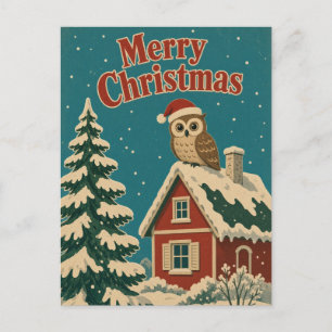 Owl Cottage Yard Animal Christmas Postcard