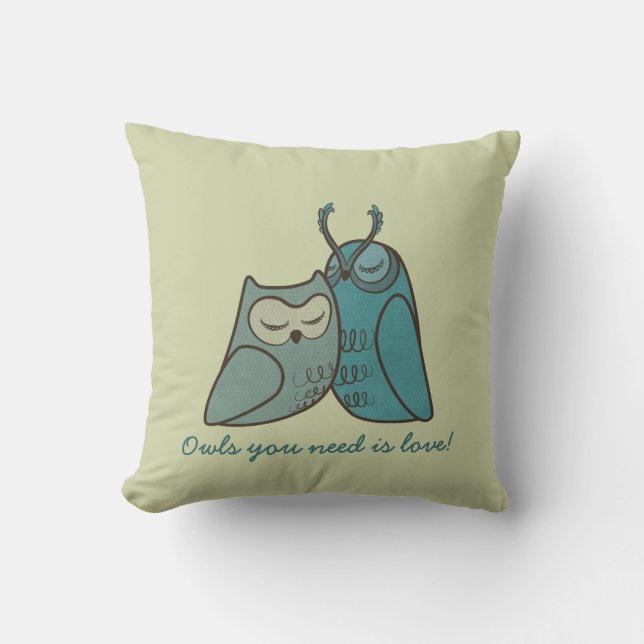 Owl Couple Cuddling Throw Pillow (Front)