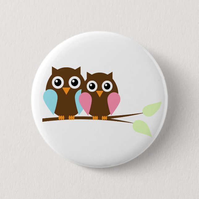 Owl couple on a branch 2 inch round button (Front)