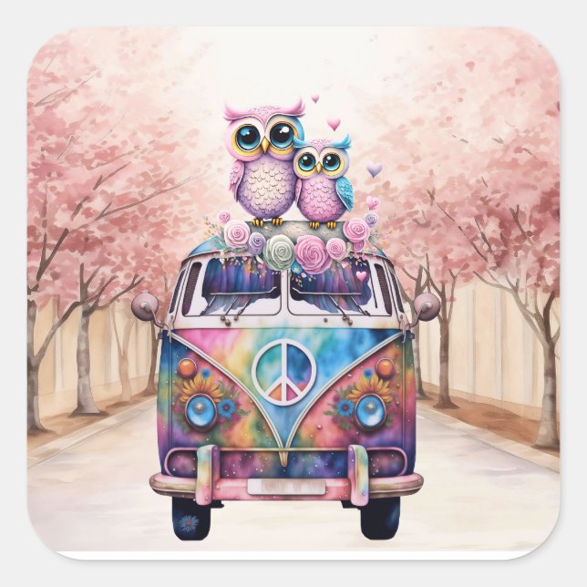 Owl Couple on a Hippie Van  Square Sticker (Front)