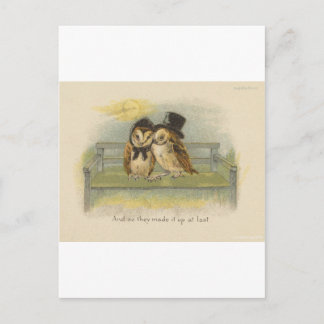 owl couple on bench postcard
