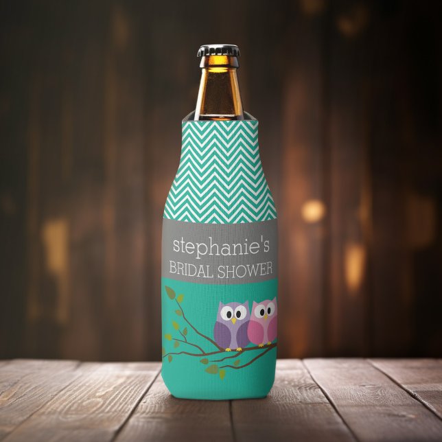Owl Couple on Branch Bridal Shower Favours Bottle Cooler (Personalized Bottle Cooler - Add Name or Custom Text for this Baby Shower Favor)