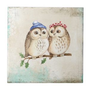 Owl couple with colourful scarfs on a tree branch. tile