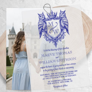 Owl Crest Royal Monogram Wedding Vellum Overlay Invitations
