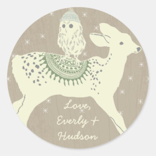 Owl Deer Fawn Knitted Hats and Blankets Stars Too Classic Round Sticker