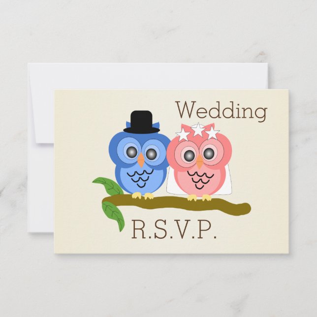 Owl Design Champagne Coloured Wedding RSVP (Front)