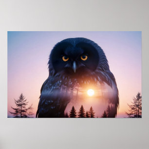 Owl Double Exposure Animal Nature Wilderness Free Poster