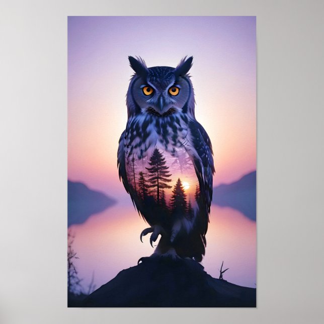 Owl Double Exposure Animal Nature Wilderness Free Poster (Front)