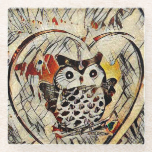 Owl drawing glass coaster