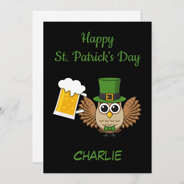 Owl Drinking Beer St Patrick's Day | Personalize Holiday Card (Front/Back)