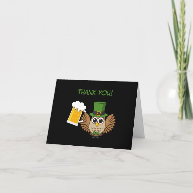 Owl Drinking Beer St Patrick's Day | Personalize Thank You Card (Front)