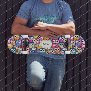 Owl faces birds collage pattern monogram sports skateboard